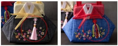 Gongdan(Satin) Korean Tote Bag Inspired Hanbok, Cute Mini Handbag for Girls & Women, Korean Gift Bag, K Culture Coin Pouch, Multi Color, 9.84 x 11.81 Inch (pink/navy) image 5