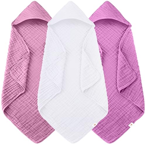 Image of Sunny zzzZZ Muslin Hooded Baby Bath Towels - 3 Pack 100% Cotton Soft Low-Saturation Pastel Towels Including Classic White for Newborns, Infants, Toddlers - 32x32 Inch - Deep Sakura and White