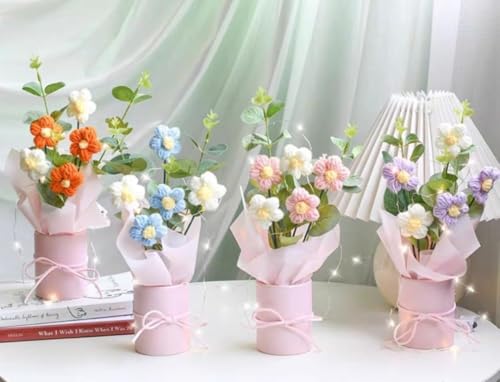 Image of Artificial Crochet Flower Bouquet Handmade Cotton Flowers Bunch for Home Decor, Gift for Girls, Wedding, Festival Decoration, Long Lasting Floral Arrangement (Flower Pot (Red))