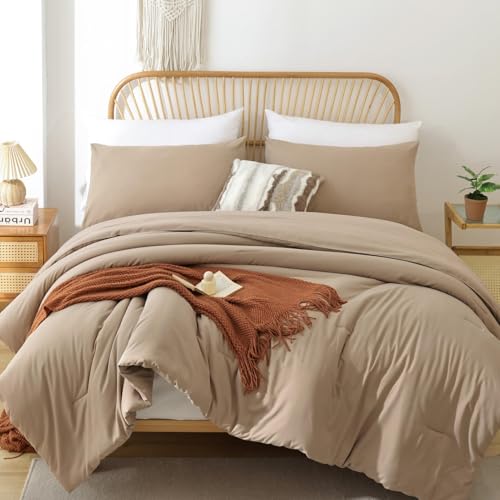 Image of ROSGONIA Oversized King Comforter 128x120, 3pcs Super King Plus Comforter Set (1 Taupe Comforter & 2 Pillowcases) Lightweight Oversized King Bedding Set Quilt