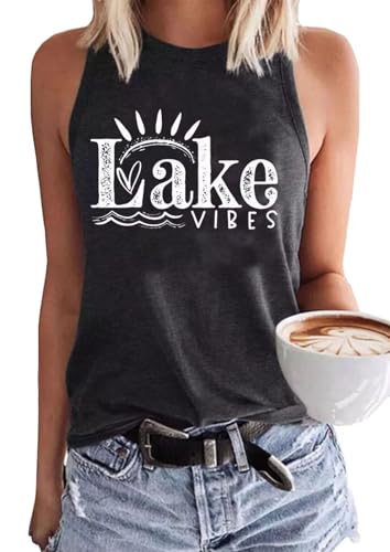 Lake Life Tank Tops Women Casual Summer Sleeveless Graphic Lake Mode Tank Vest Shirt Funny Vacation Holiday Tee Tops (Large, Gray-1)