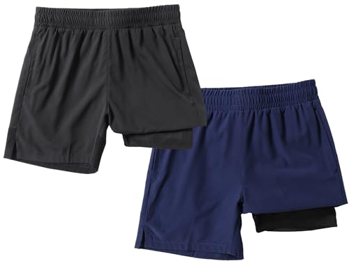 IRELIA 2 Pack Boys Box Brief Liner Compression Zipper Pocket Shorts Kids Quick Dry Active Sports Shorts with Reflective Strip BN 10-12 Black/Navy - image 1
