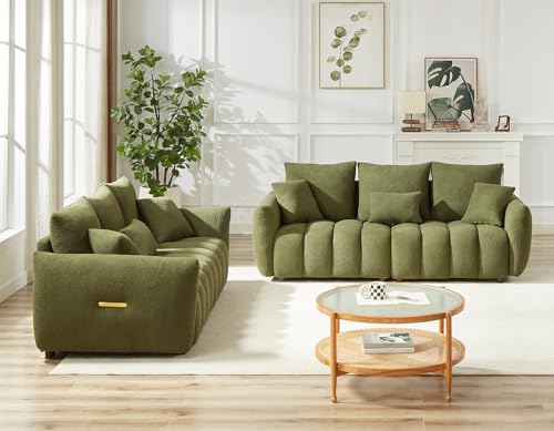 Image of Antetek Teddy Fabric Sofa Set for Living Room, 2 Pieces Modern Deep Seat Oversized 3-Seater Cloud Boucle Couch for Bedroom, Office, Apartment, Furniture Set, 78-inch, Green (2 Pieces)