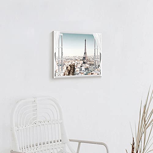 Wallsup Decor Eiffel Tower Art Canvas Picture - Paris Cityscape Painting Fake Window View Artwork Blue Modern City Wall Print For Bathroom Bedroom Office #TOP4