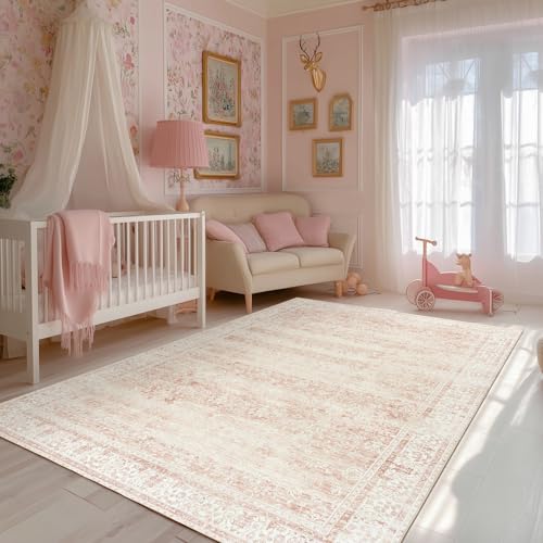 Baby Girls Nursery Rug Neutral Pale Pink Boho Floral Pattern Washable Soft Faux Wool Living Room Bedroom Rug 5x7 Inch