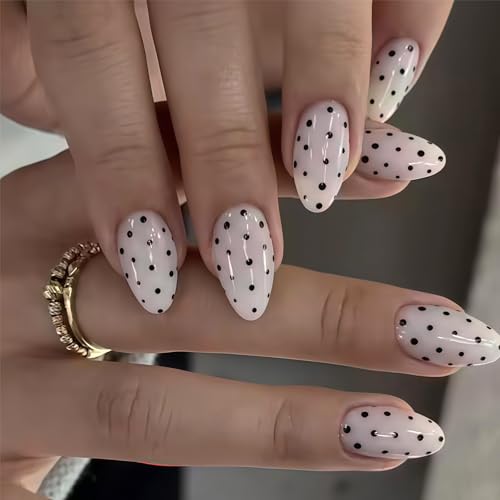 Zosutetoxo 24 Piece Press On Nails Set: Almond-Shaped Artificial Nails with Black and White Dot Design, Complete Nail Set with Nail File and Adhesive Pads