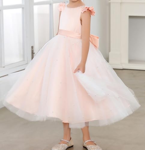 Princess Pearls Flower Girls Dress Tulle A-Line Wedding Party Dresses Prom Puffy Ball Gowns with Bow-Knot T0224