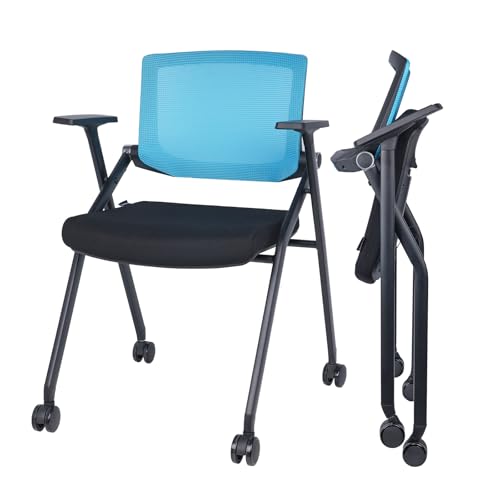 Image of Upgraded Folding Chair with Wheels and Padded, Ergonomic Mesh Back and Arms for Office, Meetings, Conferences, Receptions, Training Rooms & Folding Office Chairs