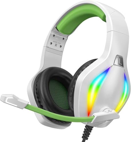 Gaming Headset with LED Light, Wired Gamer Headphones for PS4, PS5, PC, Xbox one, Switch, Ergonomic Design Over Ear Computer Headset with AI Stereo Microphone, 3.5mm Jack, White
