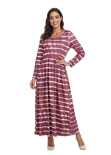Image of Women's Long Sleeves Maxi Dress Plain Empire Waist Casual Dress Loose Fall /Winter Dresses with Pockets, Stripe Wine S