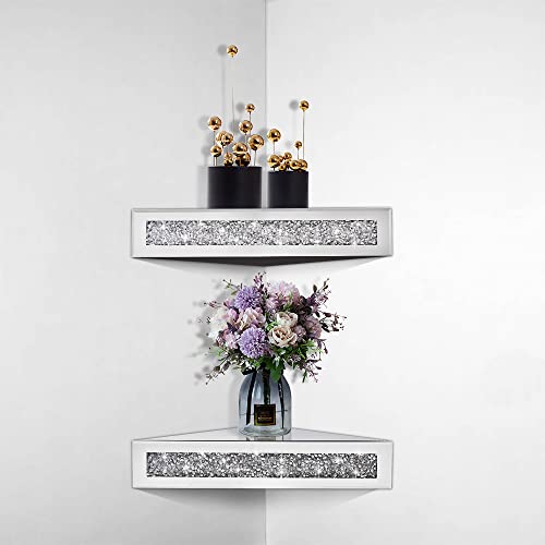 Pibeyer Crystal Crush Diamond Silver Floating Conner Shelf Set Of 2, Decorative Mirrored Wall Shelves, Home Decor Wall Art Accent Piece Showcase 11.8" L×11.8" W×3.1" H #TOP4