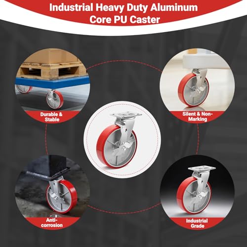 Image of Nefish 8 Inch Heavy Duty Industrial Grade Casters Wheels, Aluminum Core PU Castor Set of 4, Durable Plate Swivel Casters with Brake 6000 LBS, Anti-Corrosion Wheels for Industrial, Equipment