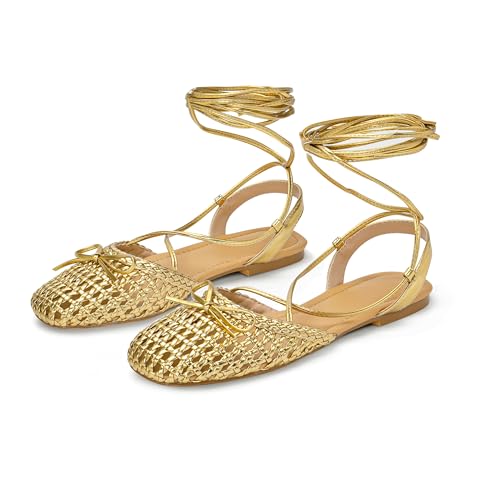 Close Toe Lace Up Ballet Flats Sandals for Women Square Toe Slingback Bowknot Ballerina Shoes Summer Party Wearing