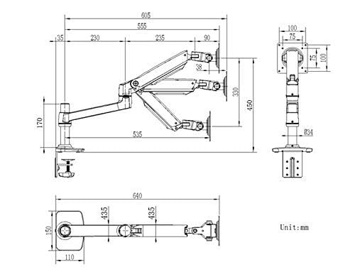 Support moniteur LCD bras ultra long XSJ8013C fixation table aluminium noir - 4