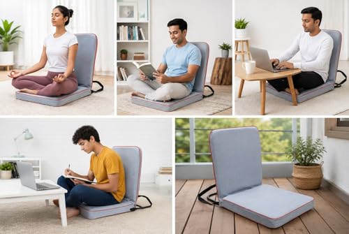 Image of Kawachi Right Angle Back Support Floor Chair Portable Foldable Meditation and Yoga Seat with Firm Backrest Lightweight Comfortable Floor Seating for Home (i113-Grey)