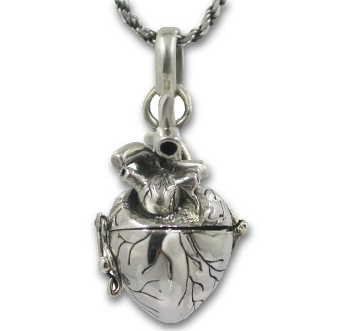 Pearlina Anatomical Heart Necklace Solid Sterling Silver 3D Antique Finish Message Note Holder or Pill Box Pendant Locket Opens