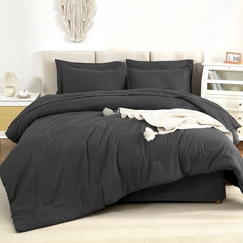 Litanika Comforter California King Size Set Dark Grey - 7 Pieces Bed in a Bag California King Bedding Comforter Sets, Plain Lightweight Bed Set with Comforter, Sheets, Pillowcases & Shams
