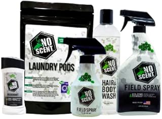 No Scent Super Bundle: 24oz & 8oz Field Spray, Laundry Pods, and Hair & Body Wash, & Deodorant. Hunting Accessories, Odor Eliminator for Hunting Gear, Scent Elimination Value Pack