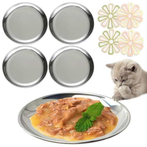 Wallspet Stainless Steel Cat Dishes Whisker Fatigue Shallow Bowl Food Dishes Cat Wet Food Plate with Non-Slip Mats (6.7 Inch, 4 Sets)