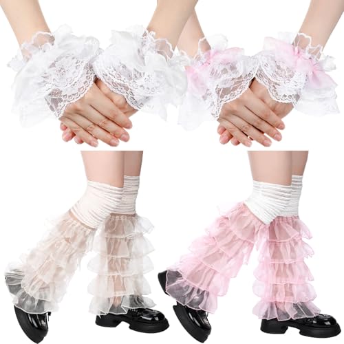 Image of Shyyween 4 Pairs Women Leg Warmers Y2k Lace Leg Warmers Cute Kawaii Lace Gloves Long Ruffle Socks for Wedding Halloween Party