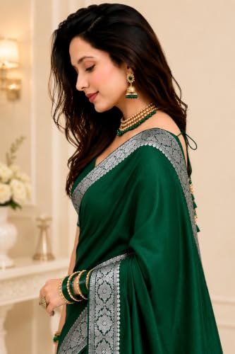 Image of Women's Glory Banarasi Satin Kanjivaram Saree Silver Zari Border Pure Soft Blend Silk Sari Kanchipuram Paithani Silk Party Wedding Festive New Ladies Sadi with Unstiched Blouse Piece.