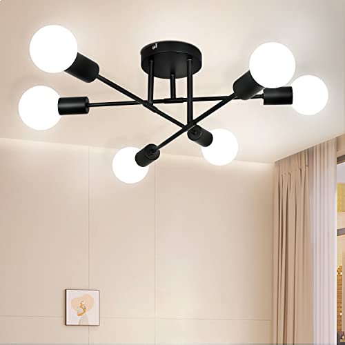 Depuley 6-Light Vintage Sputnik Chandelier, Modern Adjustable Arm Semi Flush Mount Ceiling Light, Industrial Kitchen Lamp Fixture, Pendant Lighting For Dining Room, Living Room, Foyer, Black, E26 Base #TOP23