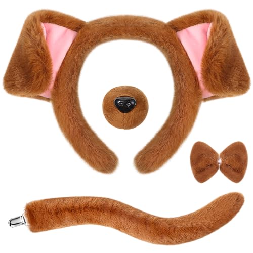 SATINIOR Kostüm Set Tierkostüm Set Ohr Stirnband Künstliche Nase Fliege und Schwanz Kinder Erwachsene Kostümzubehör für Karneval Welttag des Buches Cosplay (Braun, Schöner Hund)