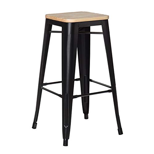 SKLUM Taburete Alto LIX Vintage Madera Madera - Acero Brillante Negro Madera Natural - (Elige Color)
