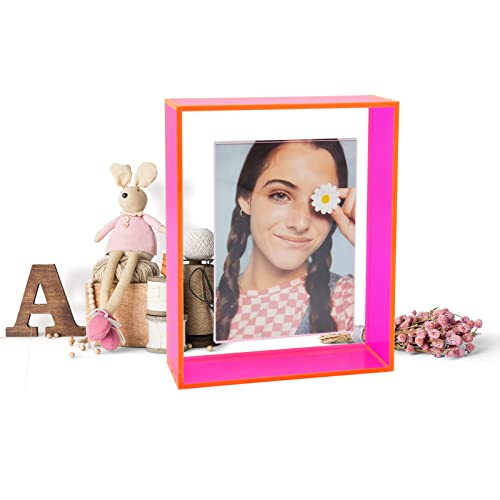 Happydino 4X6 Floating Frame Acrylic Neon Picture Frame Freestanding Translucent Colored Decorative Photo Frame For Wall Mounting Tabletop Desk Gallery Display, Neon Pink #TOP4