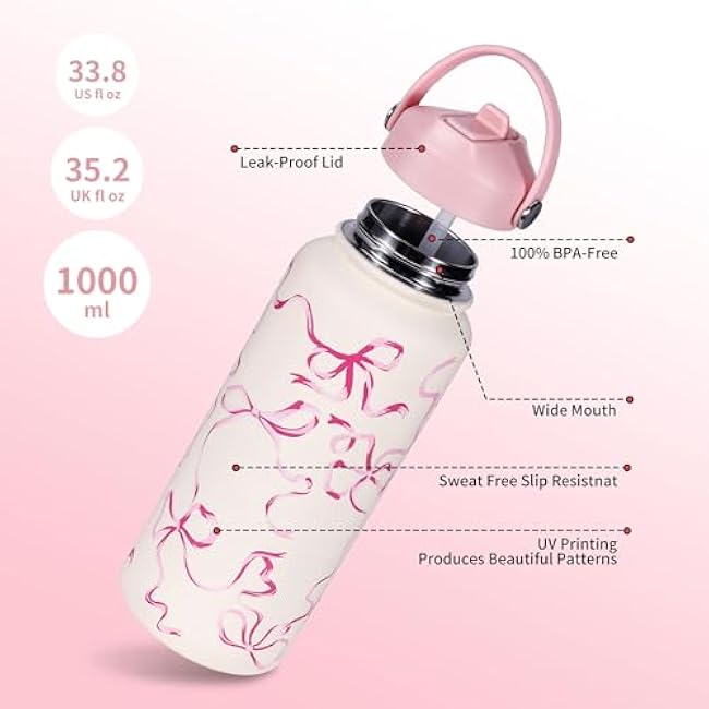 Goetland Ribbon Water Bottle with Straw Lid 32oz Stainless Steel | Wide Mouth | Vacuum Double Insulated | Leakproof | For Women Girls | Pink | Cute | UV Printing | Drinking Cup
