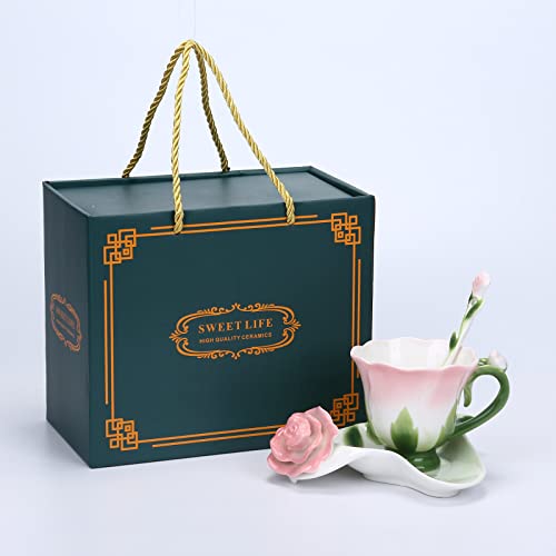 Winverty Tasse à café, tasse à thé, tasse créative, tasse en céramique rose avec soucoupe et petite cuillère 200ml(Rose) Cover