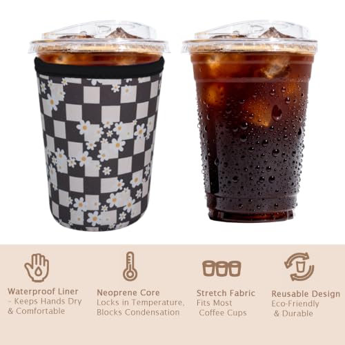 Image of Reusable Insulated Sleeve for Iced Coffee Cup, 3-Pack Coffee Neoprene Drink Sleeve for Cold & Hot Drinks, Beverage Holder for Iced Coffee (Daisy Checker)