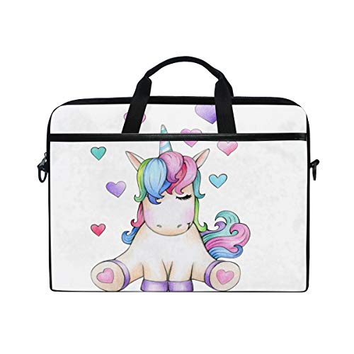 14 Zoll Laptop-Tasche, niedliches sitzendes Einhorn, Cartoon-Design mit Herzen, Canvas, Laptop-Tasche mit Schultergurt für Damen und Herren