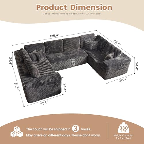Image of HOOOWOOO Cloud Sectional Couches for Living Room,Modular Sectional Sofa No Assembly,136X70 Inch Plush Corduroy Large U Shaped Floor Couch Set with Extra Deep Seat(Gray)