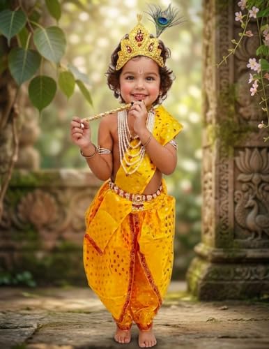 Image of BookMyCostume Krishna Yellow Polka Dot Costume Dhoti Patka with Heavy Pearl Jewellery and Mukut Set - Janmashtami Dress Costume for Baby Kanha - Boys & Girls 4-5 Years