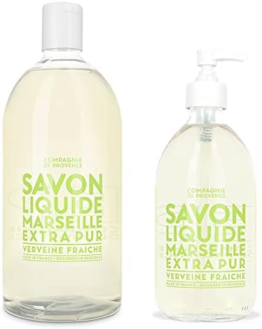 Compagnie de Provence Savon de Marseille Extra Pure Liquid Soap - Fresh Verbena - 16.9 Fl Oz Glass Pump Bottle and 33.8 fl oz Plastic Bottle Refill