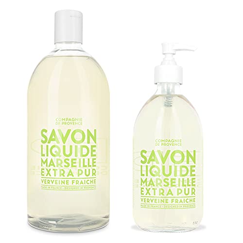 Compagnie De Provence Savon De Marseille Extra Pure Liquid Soap - Fresh Verbena - 16.9 Fl Oz Glass Pump Bottle And 33.8 Fl Oz Plastic Bottle Refill #TOP20
