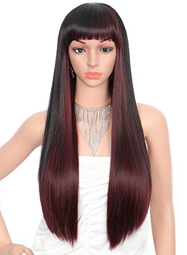 Kalyss 28 inches Women's Silky Long Straight Black Mixed Wine Red Wig Heat Resistant Synthetic Wig With Bangs Hair Wig for Women