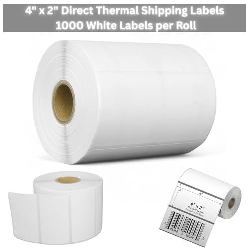 Image of 4" x 2" Direct Thermal Shipping Labels – 1000 White Labels per Roll – 102mm x 51mm – Compatible with Zebra, Citizen, Toshiba Printers – 25mm Core, Wide Edge Leading (1)