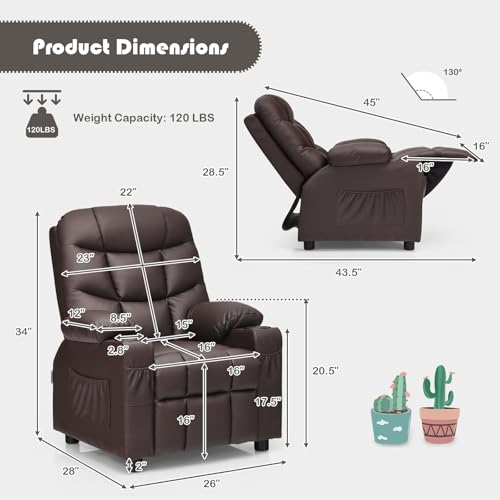 Image of Kids Recliner, PU Leather Kids Recliner Chair w / 2 Cup Holders