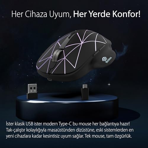 INCA IWM-551T Kablosuz,Şarj edilebilir, 4 Farklı Değişebilen Led Işıklı, Sessiz Tuş, Tyep-C ve Usb Çİft Alıcı,1600 Dpi,7 Tuş, Led Aç/Kapa Tuşu, 15M Çekim Mesafesi - Görsel 6