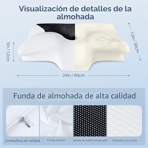 Miniatura 5 de Homca Almohada Cervical De Espuma Viscoelastica, Almohada Ortopedica Para Soporte De Cuello, Almohadas Ergonómico Para Dormir De Lado Y Boca Arriba, Negro
