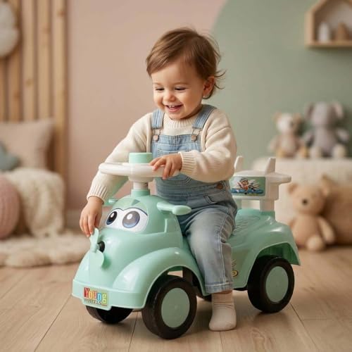Image of Kids Ride On Olive Green Car for Toddlers with Steering Wheel & Backrest | Foot to Floor Baby Push Car | Indoor Outdoor | Strong Wheels & Comfortable Seat | Racing Design for Boys & Girls (1-3 Years)