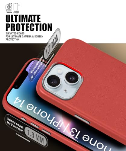 Image of WOW IMAGINE Back Cover for iPhone 13 | iPhone 14 | Shockproof Tough Leather Texture Hard Mobile Case | Ultra Slim Non-Slip Grip | Inner Velvet Fabric | Metal Camera Ring - Crimson Red