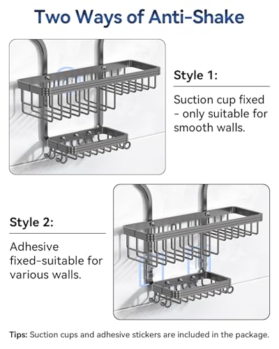 YASONIC Shower Caddy Hanging - Never Rust Organizer - Aluminum over The head caddy with 10 Hooks for Razor/Sponge - Shower Rack with Soap Basket - Grey