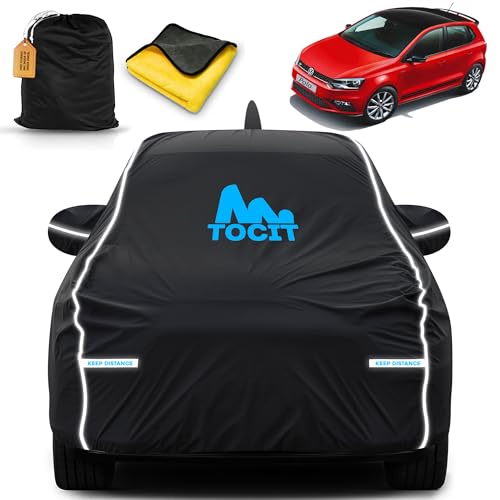 Image of Polo Waterproof Long Life Car Cover with Safety Glow Reflective Strap, Premium Stretchable Velvet Velour Fabric, Machine Washable, Tri-Stitch Custom Fit with Mirror & Antenna Pocket