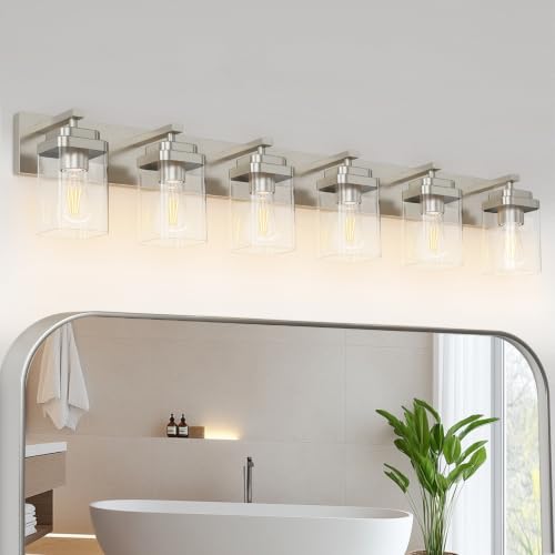 Image of Brushed Nickel Bathroom Light Fixtures, 6 Lights Bathroom Lighting Fixtures Over Mirror, Square Design & Rectangle Large Backplate, Modern Vanity Lighting Fixtures, for Living Room /Bedroom