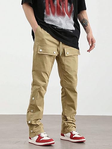 WDIRARA Men's Drawstring Waist Button Side Streetwear Long Cargo Pants with Pockets3