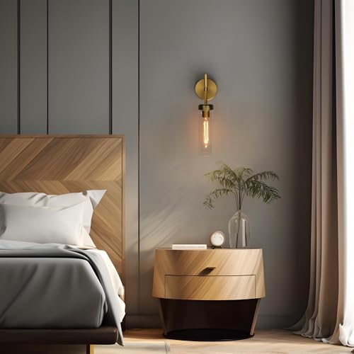 Image of Pathson 1-Light Vintage Wall Sconce Lamp, Hardwired Aluminum Wall Sconce with Tube Cylinder Glass, Mid-Century Wall Vanity Light Fixture Decor for Living Room Bedroom (Brass Gold 1-Pack)