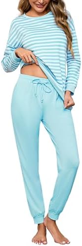 Bresdk Schlafanzug Damen Lang Baumwolle Pyjama Set Nachtwäsche Winter S-4XL | Zweiteiliger Hausanzug mit Streifenoberteil und Bündchen; bequeme Loungewear für Frauen und Seniorinne